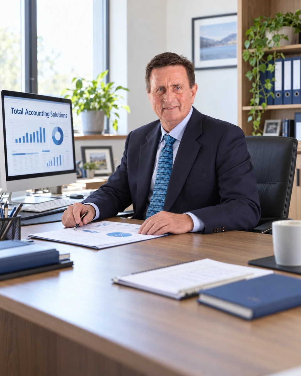David Hartley seated at his office desk with Total Accounting Solutions on the computer