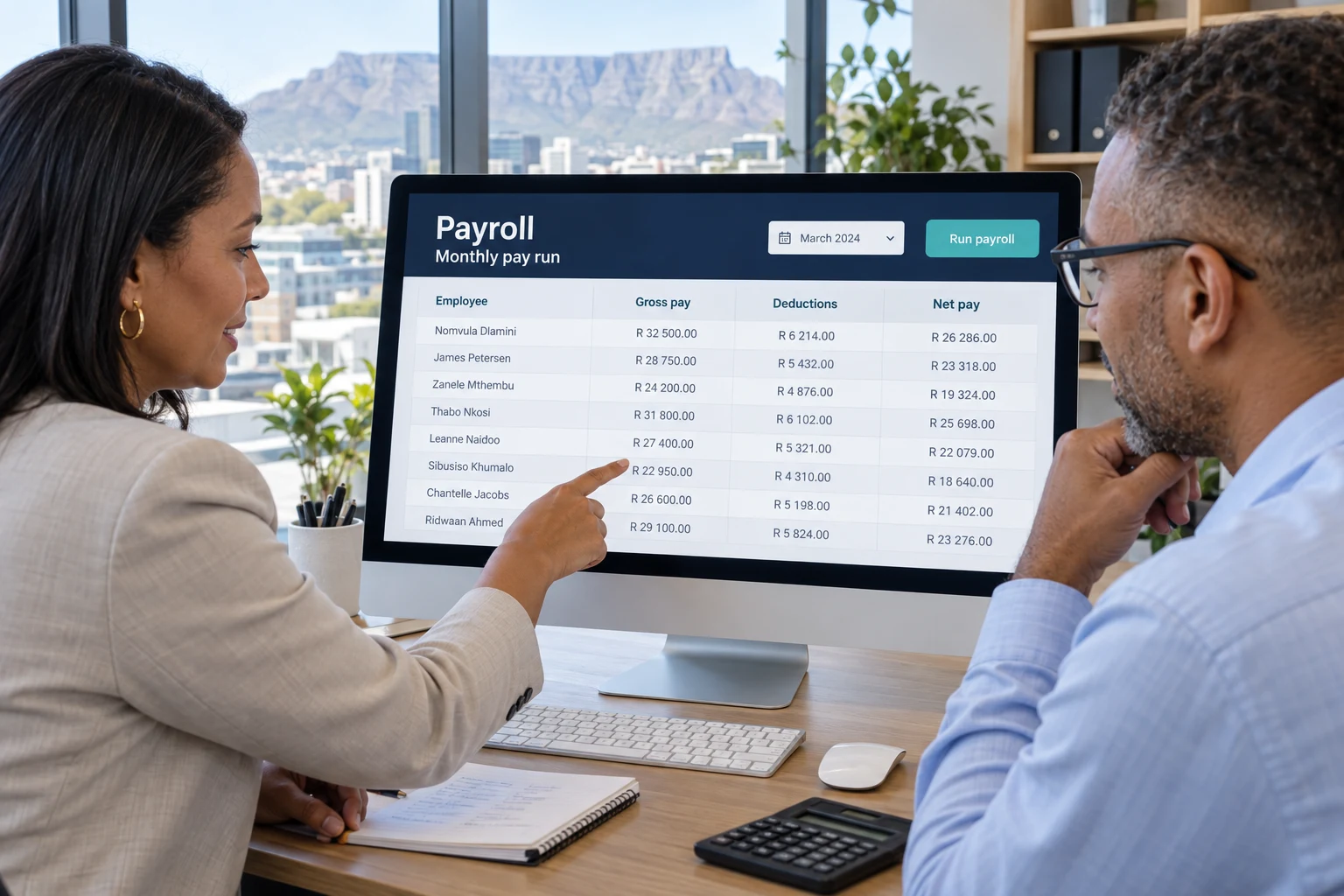 Two payroll administrators reviewing employee gross pay, deductions and net pay on a computer screen
